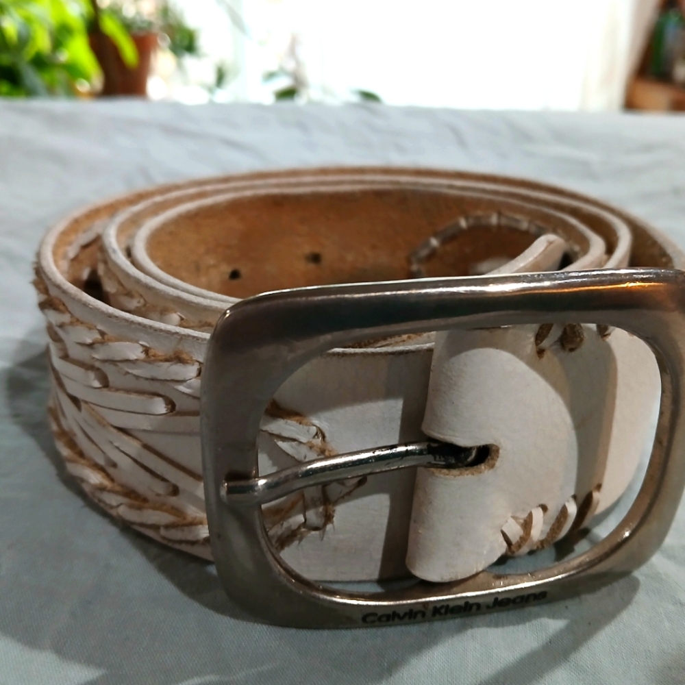 White Leather Calvin Klein Belt Mens 30/36